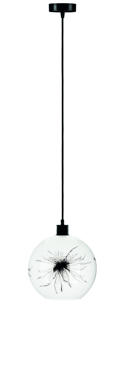 SOLBIKA L-2333 LAMPA WISZĄCA BALL WHITE + SIDE BLACK DANDELIONS SZKLANA LAMPA